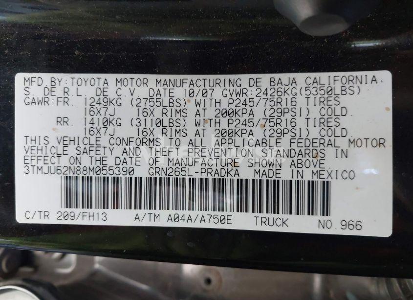 Photo 9 of 2008 Toyota Tacoma PRERUNNER V6 (VIN 3TMJU62N88M055390)