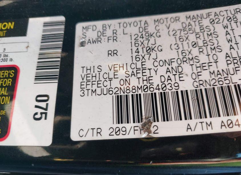 Photo 9 of 2008 Toyota Tacoma PRERUNNER V6 (VIN 3TMJU62N88M064039)