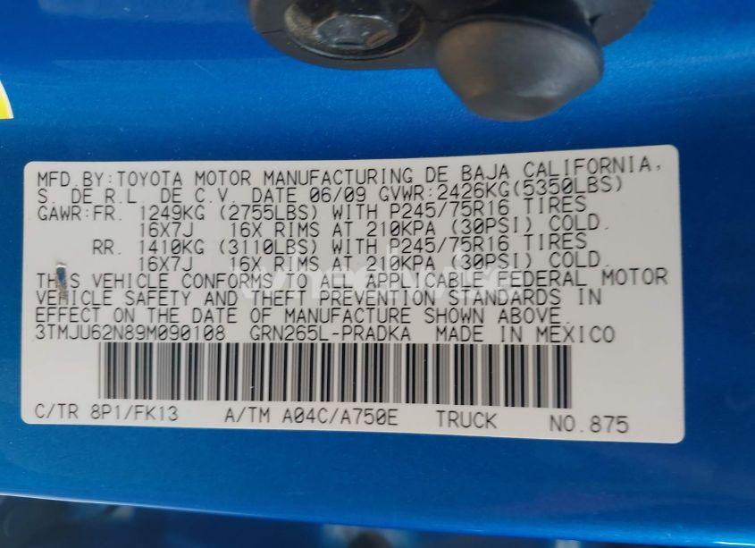 Photo 9 of 2009 Toyota Tacoma PRERUNNER V6 (VIN 3TMJU62N89M090108)
