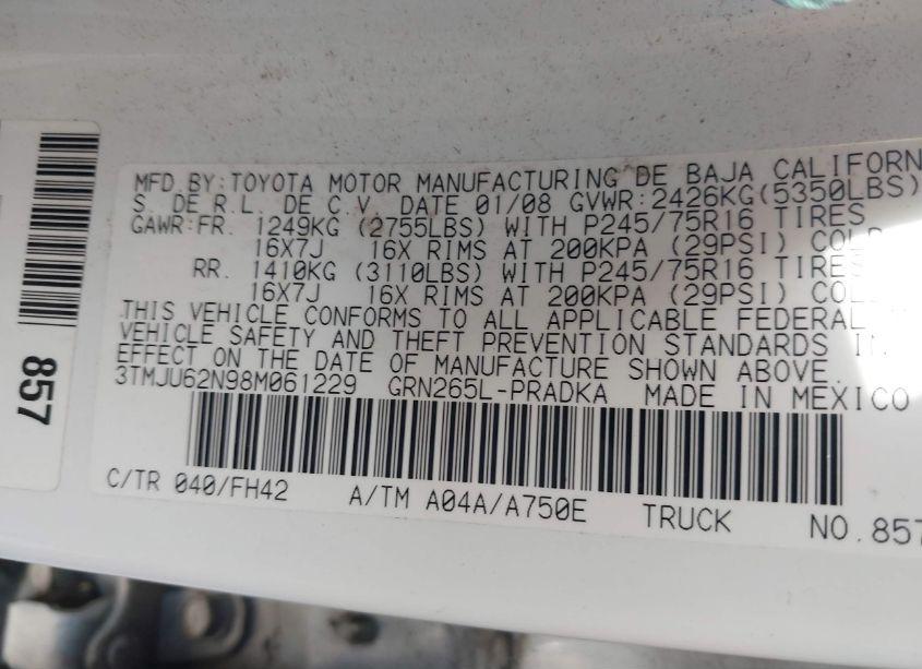 Photo 9 of 2008 Toyota Tacoma PRERUNNER V6 (VIN 3TMJU62N98M061229)