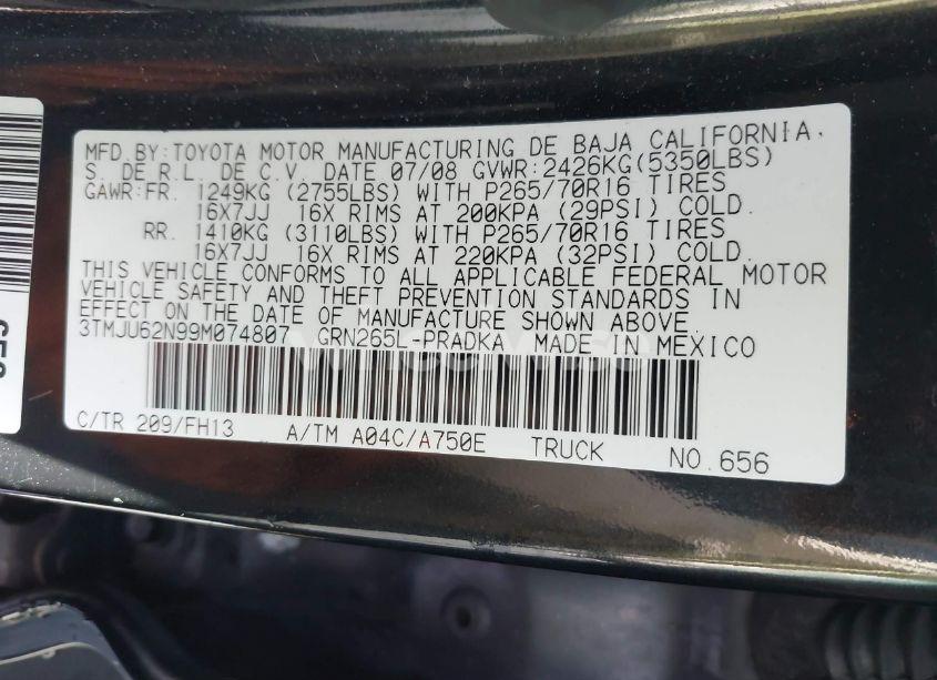 Photo 9 of 2009 Toyota Tacoma DOUBLE CAB PRERUNNER (VIN 3TMJU62N99M074807)