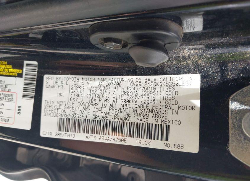 Photo 9 of 2006 Toyota Tacoma PRERUNNER V6 (VIN 3TMJU62NX6M026499)