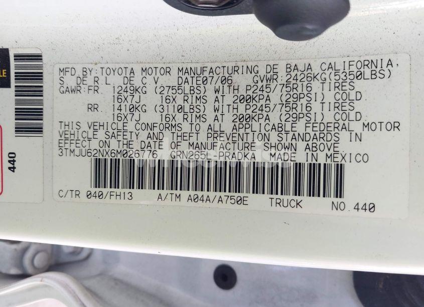 Photo 9 of 2006 Toyota Tacoma PRERUNNER (VIN 3TMJU62NX6M026776)