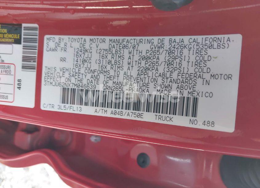 Photo 9 of 2007 Toyota Tacoma DOUBLE CAB PRERUNNER (VIN 3TMJU62NX7M046639)