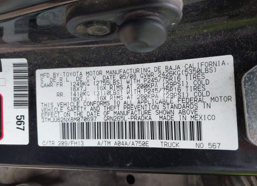 Photo 9 of 2008 Toyota Tacoma PRERUNNER V6 (VIN 3TMJU62NX8M070697)