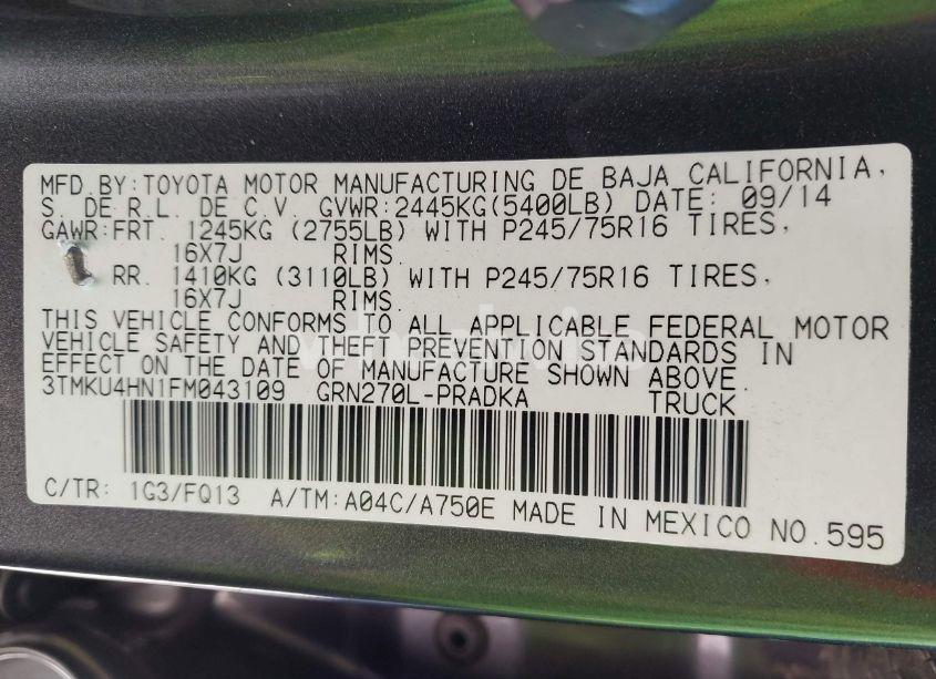 Photo 9 of 2015 Toyota Tacoma PRERUNNER V6 (VIN 3TMKU4HN1FM043109)