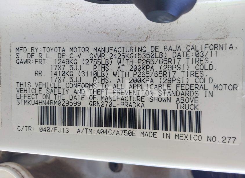 Photo 9 of 2011 Toyota Tacoma PRERUNNER V6 (VIN 3TMKU4HN4BM029599)