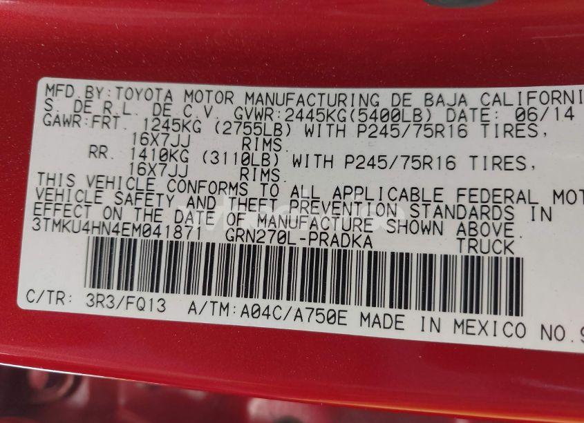 Photo 9 of 2014 Toyota Tacoma PRERUNNER V6 (VIN 3TMKU4HN4EM041871)