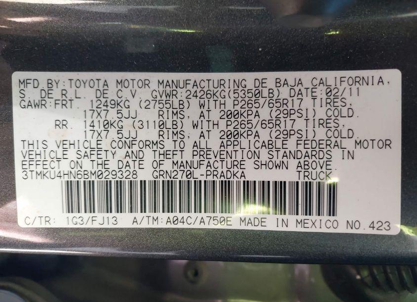 Photo 9 of 2011 Toyota Tacoma DBL CAB PRERUNNER LNG BED (VIN 3TMKU4HN6BM029328)