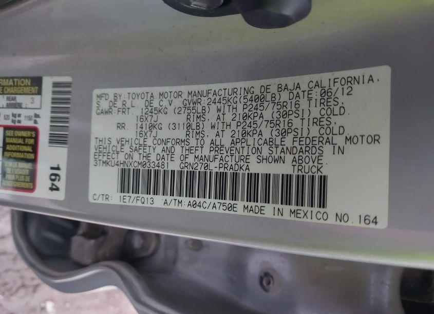 Photo 9 of 2012 Toyota Tacoma DBL CAB PRERUNNER LNG BED (VIN 3TMKU4HNXCM033481)