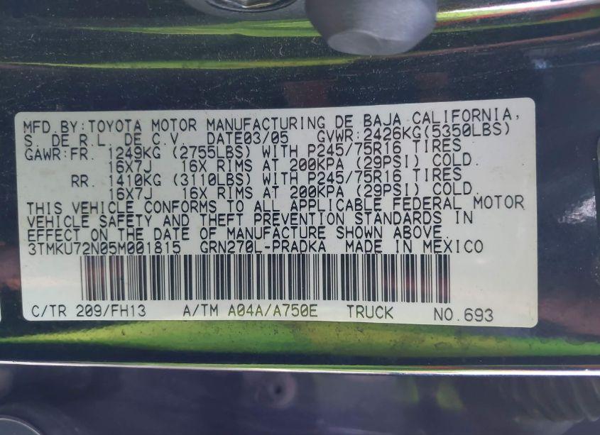 Photo 9 of 2005 Toyota Tacoma PRERUNNER V6 (VIN 3TMKU72N05M001815)