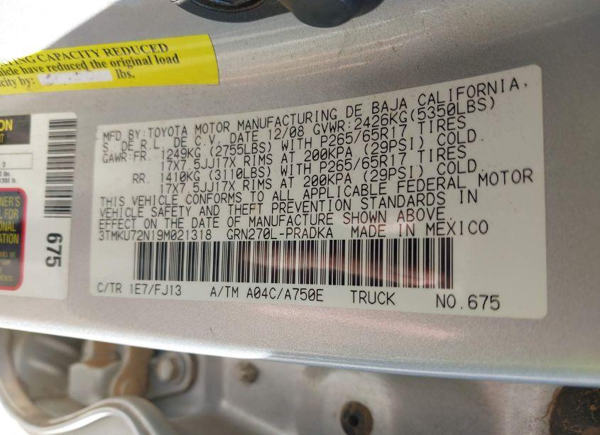 Photo 9 of 2009 Toyota Tacoma PRERUNNER V6 (VIN 3TMKU72N19M021318)