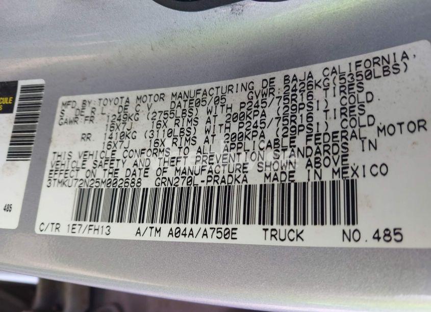 Photo 9 of 2005 Toyota Tacoma PRERUNNER V6 (VIN 3TMKU72N25M002688)
