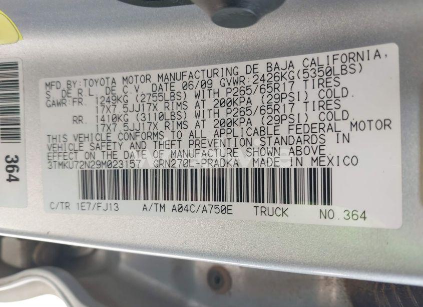 Photo 9 of 2009 Toyota Tacoma PRERUNNER V6 (VIN 3TMKU72N29M023157)
