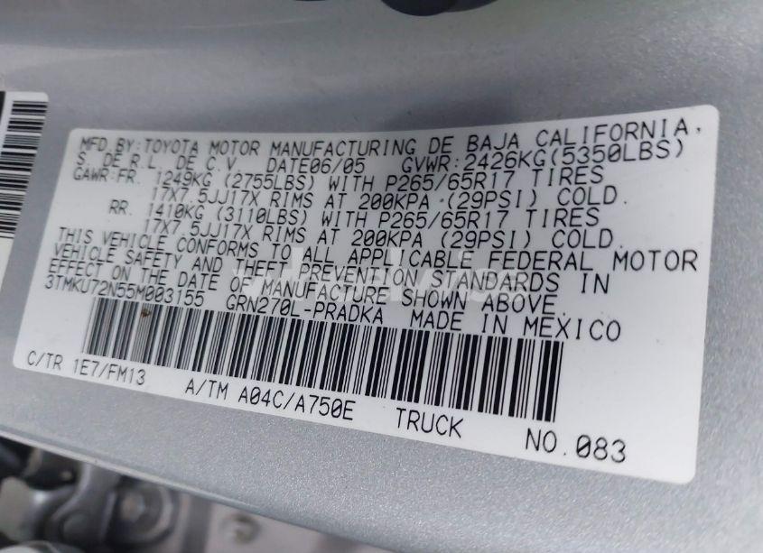 Photo 9 of 2005 Toyota Tacoma DBL CAB PRERUNNER LNG BED (VIN 3TMKU72N55M003155)