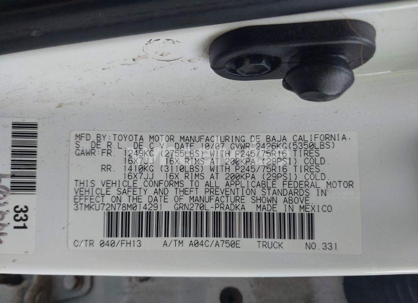 Photo 9 of 2008 Toyota Tacoma PRERUNNER V6 (VIN 3TMKU72N78M014291)