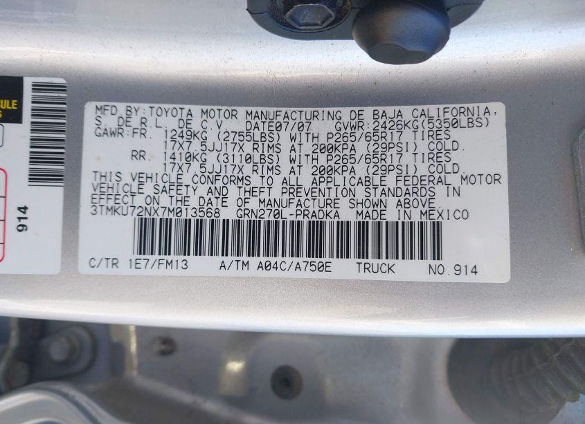 Photo 9 of 2007 Toyota Tacoma DBL CAB PRERUNNER LNG BED (VIN 3TMKU72NX7M013568)