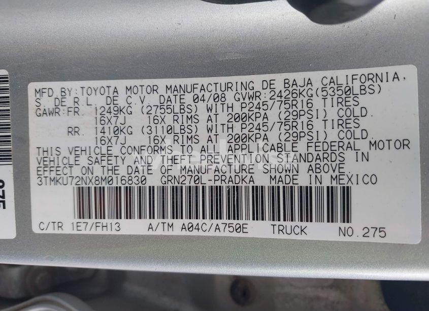 Photo 9 of 2008 Toyota Tacoma PRERUNNER V6 (VIN 3TMKU72NX8M016830)