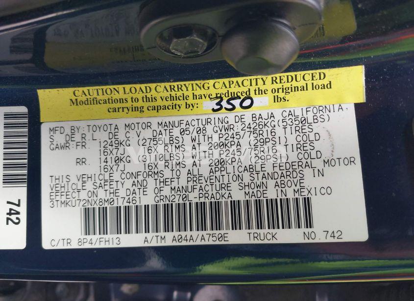 Photo 9 of 2008 Toyota Tacoma PRERUNNER V6 (VIN 3TMKU72NX8M017461)