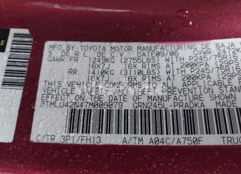 Photo 9 of 2007 Toyota Tacoma BASE V6 (VIN 3TMLU42N47M009079)