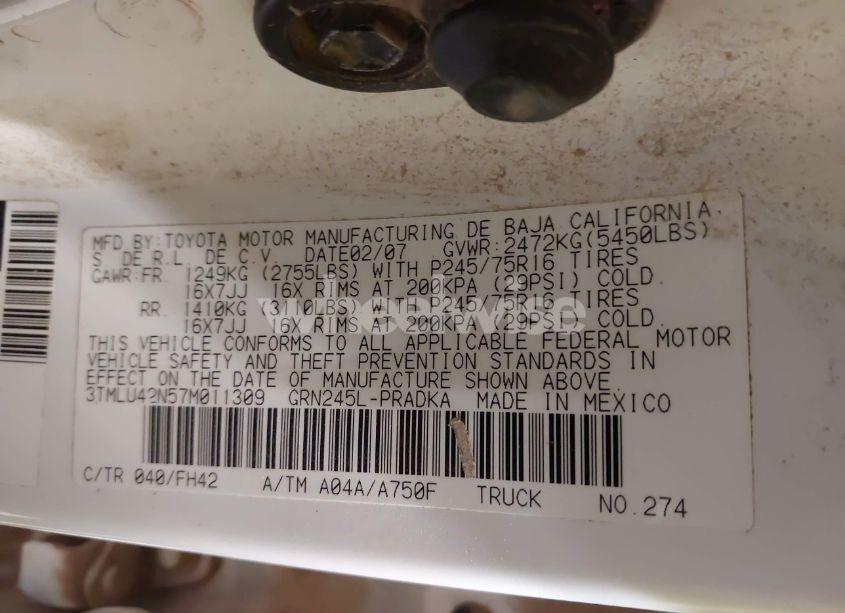 Photo 9 of 2007 Toyota Tacoma BASE V6 (VIN 3TMLU42N57M011309)