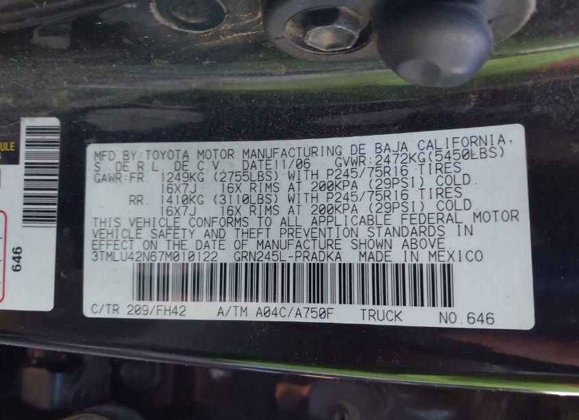 Photo 9 of 2007 Toyota Tacoma BASE V6 (VIN 3TMLU42N67M010122)