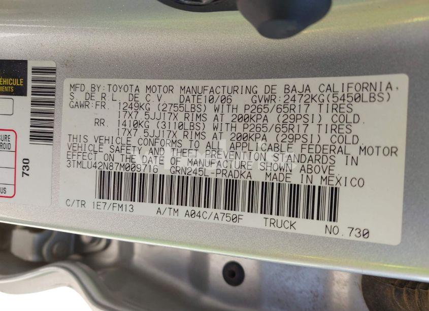 Photo 9 of 2007 Toyota Tacoma BASE V6 (VIN 3TMLU42N87M009716)
