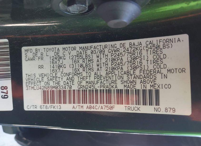 Photo 9 of 2009 Toyota Tacoma BASE V6 (VIN 3TMLU42N89M033470)