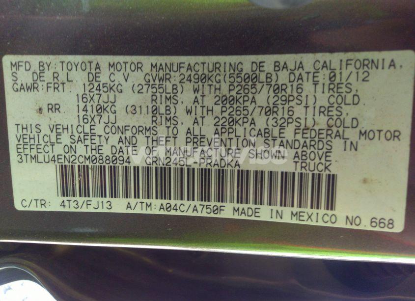 Photo 9 of 2012 Toyota Tacoma BASE V6 (VIN 3TMLU4EN2CM088094)