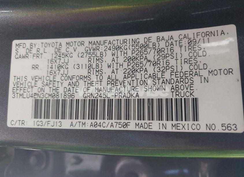 Photo 9 of 2012 Toyota Tacoma DOUBLE CAB (VIN 3TMLU4EN3CM081896)