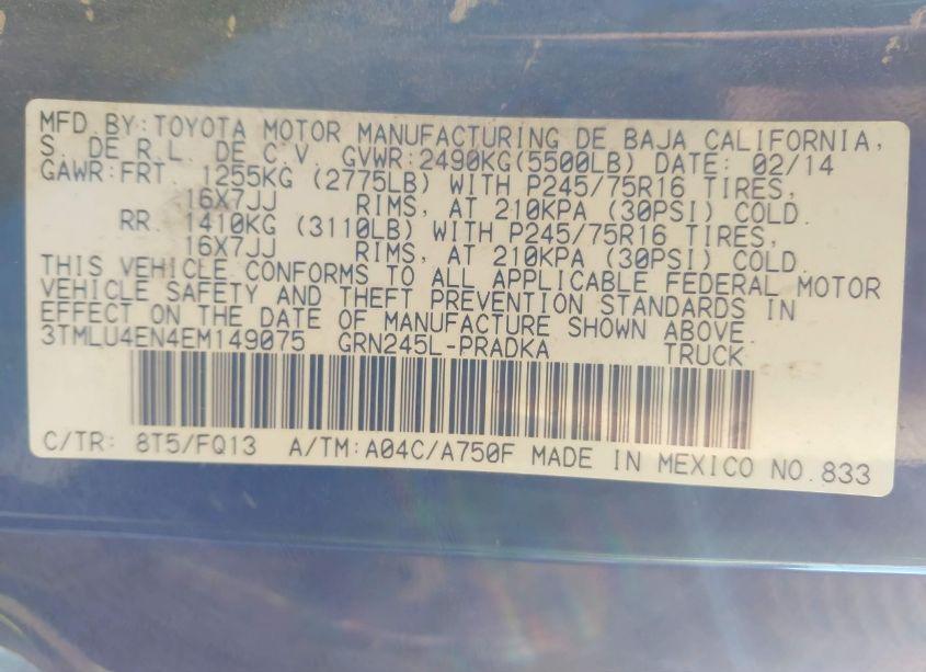 Photo 9 of 2014 Toyota Tacoma BASE V6 (VIN 3TMLU4EN4EM149075)