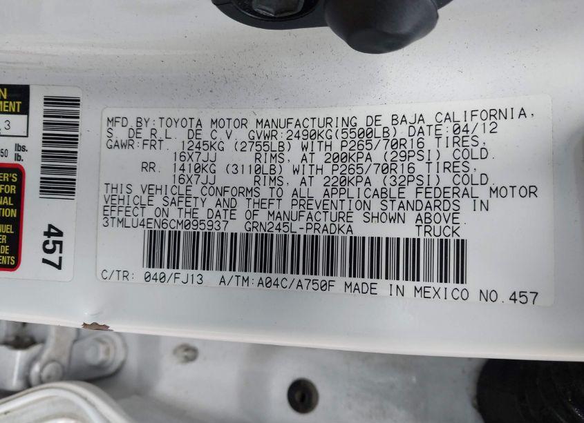 Photo 9 of 2012 Toyota Tacoma DOUBLE CAB (VIN 3TMLU4EN6CM095937)