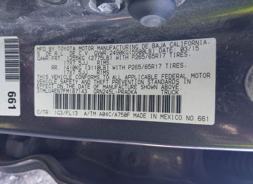 Photo 9 of 2015 Toyota Tacoma DOUBLE CAB/TRD PRO (VIN 3TMLU4EN7FM187143)