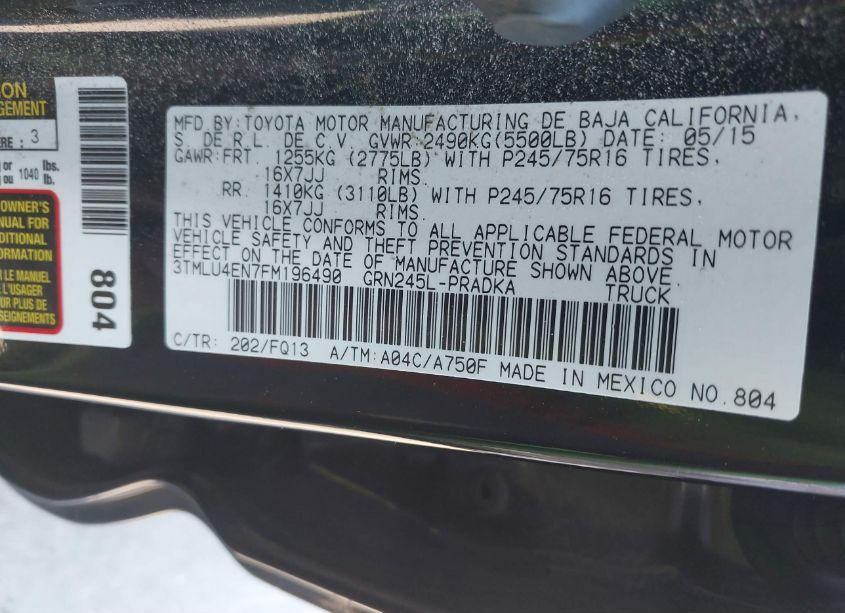 Photo 9 of 2015 Toyota Tacoma BASE V6 (VIN 3TMLU4EN7FM196490)