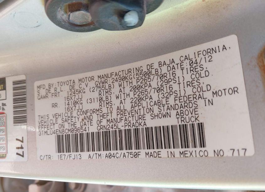 Photo 9 of 2012 Toyota Tacoma DOUBLE CAB (VIN 3TMLU4EN8CM096541)