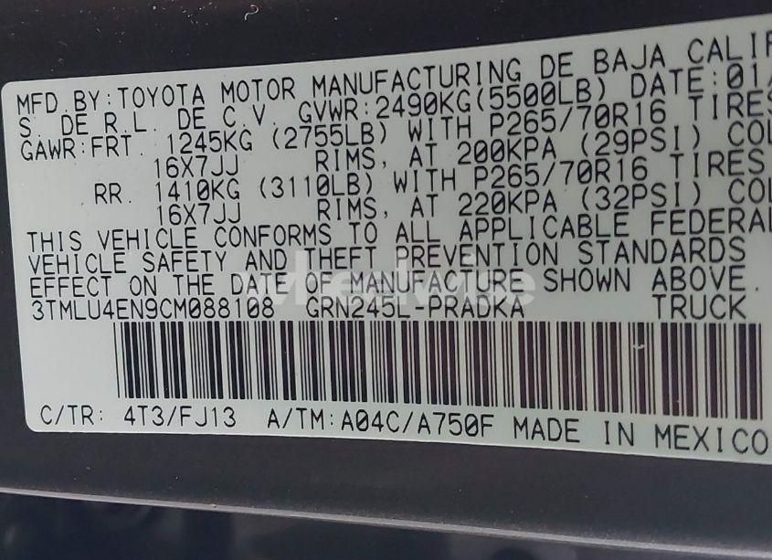 Photo 9 of 2012 Toyota Tacoma DOUBLE CAB (VIN 3TMLU4EN9CM088108)