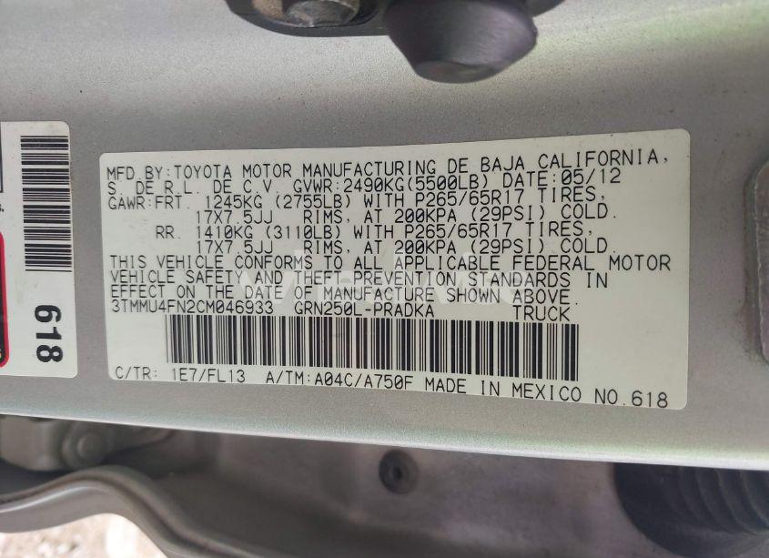 Photo 9 of 2012 Toyota Tacoma BASE V6 (VIN 3TMMU4FN2CM046933)