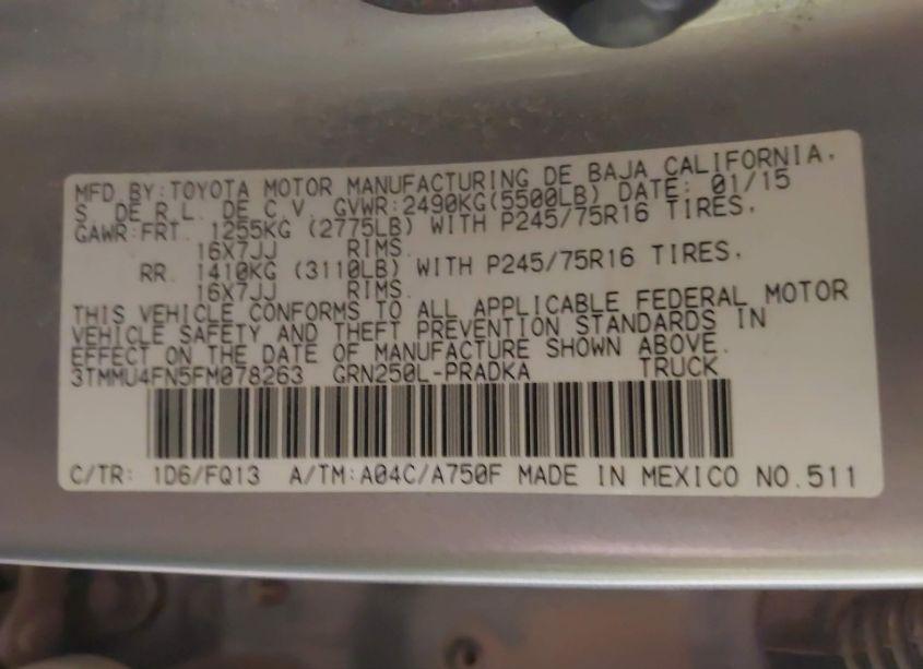 Photo 9 of 2015 Toyota Tacoma BASE V6 (VIN 3TMMU4FN5FM078263)