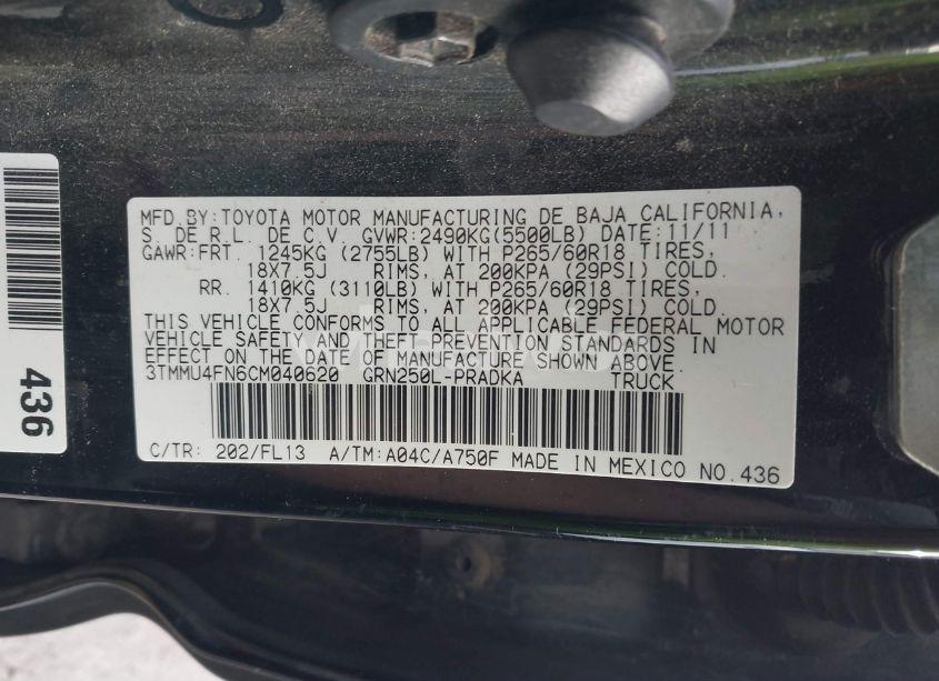 Photo 9 of 2012 Toyota Tacoma DOUBLE CAB LONG BED (VIN 3TMMU4FN6CM040620)