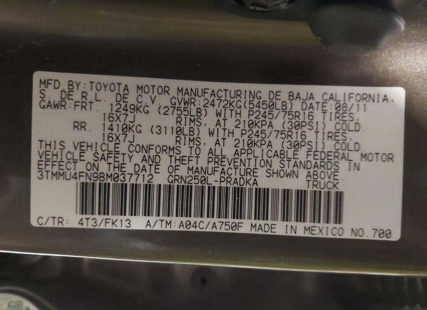 Photo 9 of 2011 Toyota Tacoma BASE V6 (VIN 3TMMU4FN9BM037712)