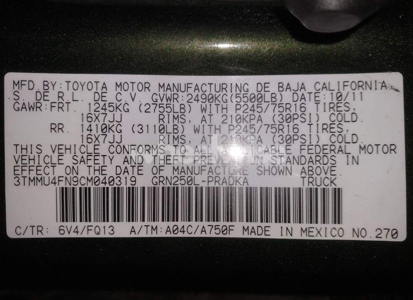 Photo 9 of 2012 Toyota Tacoma DOUBLE CAB LONG BED (VIN 3TMMU4FN9CM040319)