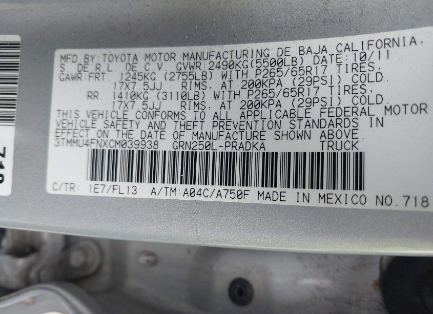 Photo 9 of 2012 Toyota Tacoma BASE V6 (VIN 3TMMU4FNXCM039938)