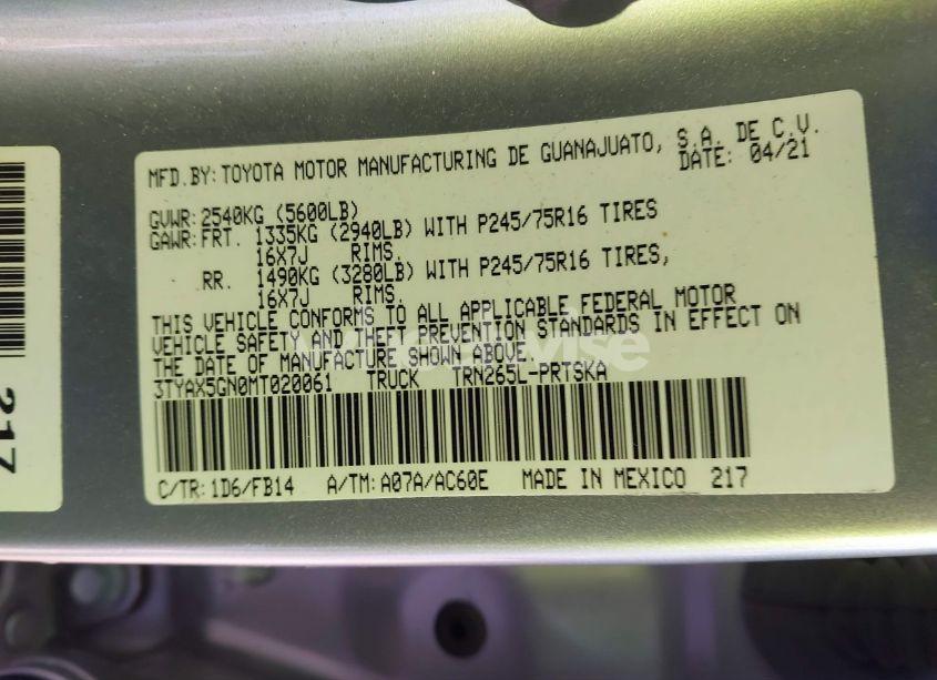 Photo 9 of 2021 Toyota Tacoma SR (VIN 3TYAX5GN0MT020061)