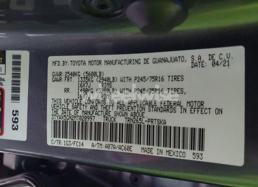 Photo 9 of 2021 Toyota Tacoma SR5 (VIN 3TYAX5GN2MT020997)