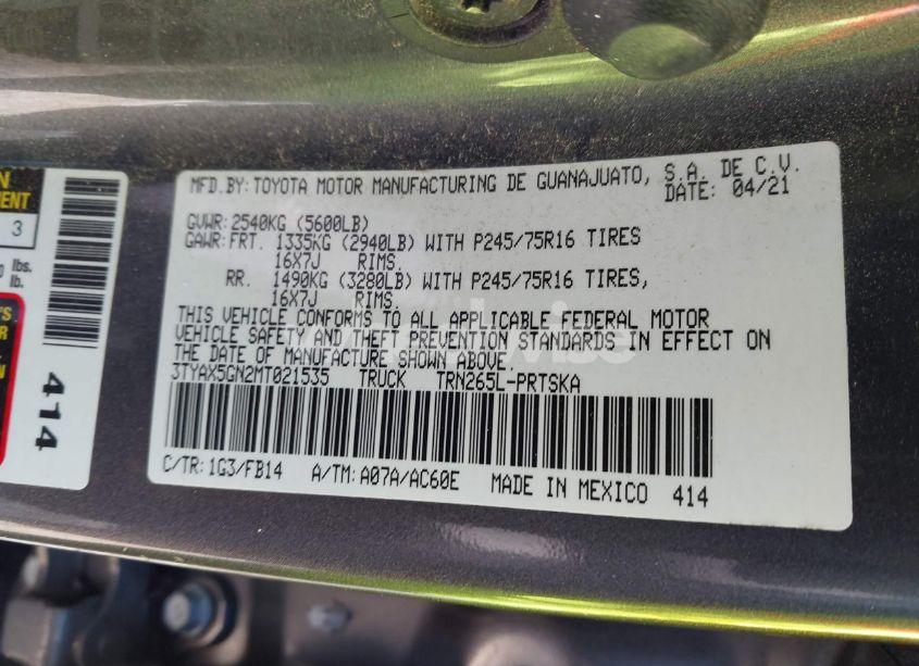 Photo 9 of 2021 Toyota Tacoma SR (VIN 3TYAX5GN2MT021535)