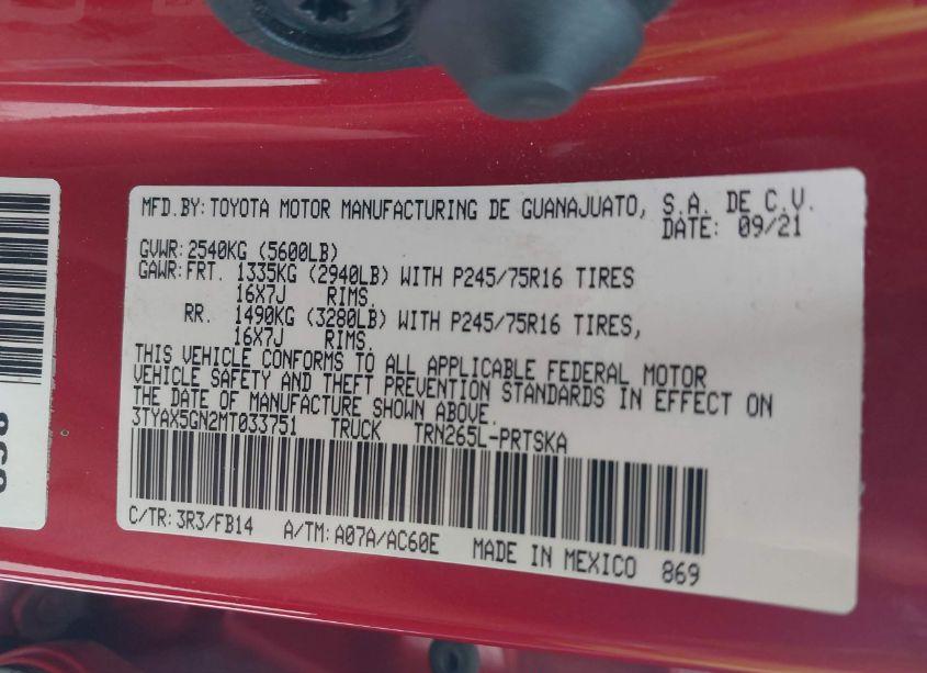 Photo 9 of 2021 Toyota Tacoma SR (VIN 3TYAX5GN2MT033751)