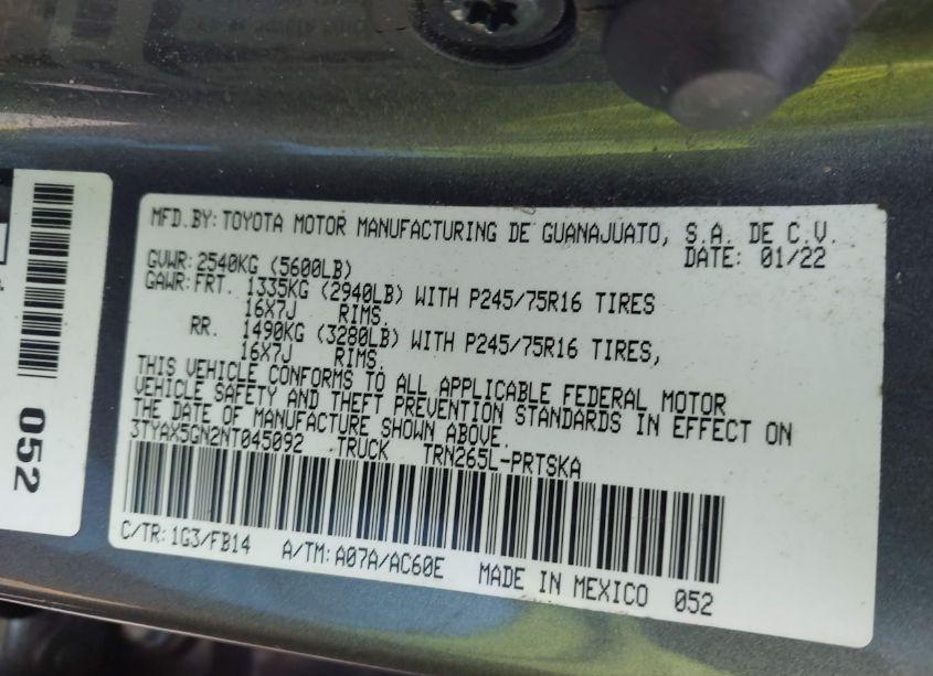 Photo 9 of 2022 Toyota Tacoma SR (VIN 3TYAX5GN2NT045092)