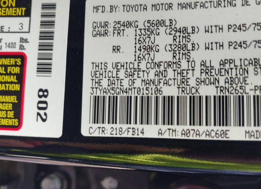 Photo 9 of 2021 Toyota Tacoma SR (VIN 3TYAX5GN4MT015106)