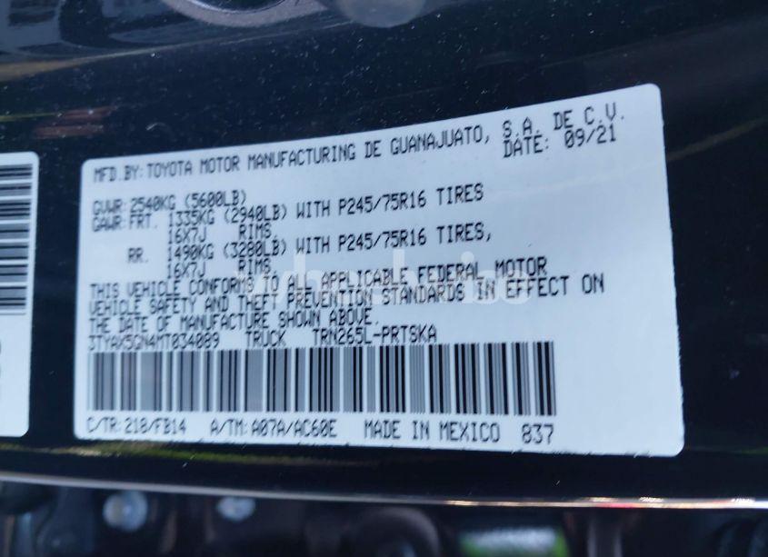Photo 9 of 2021 Toyota Tacoma SR (VIN 3TYAX5GN4MT034089)