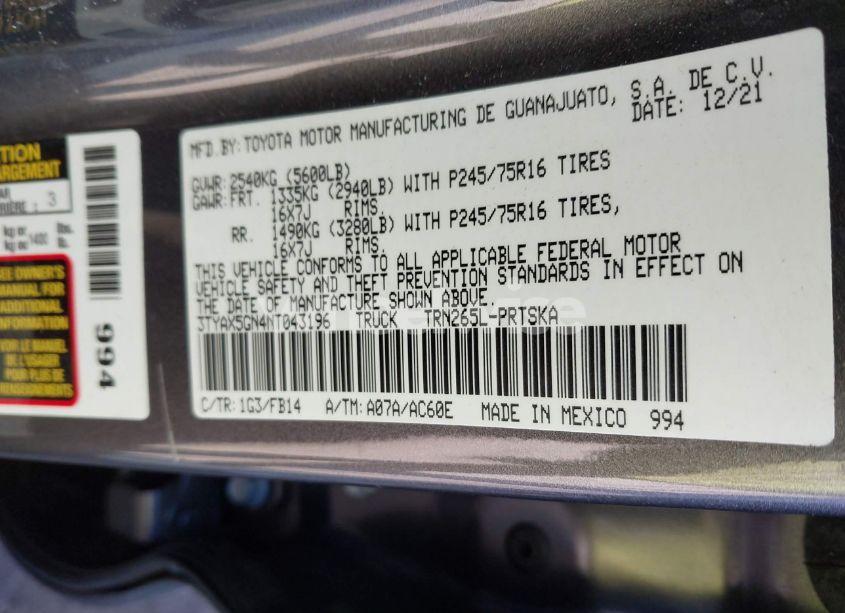 Photo 9 of 2022 Toyota Tacoma SR (VIN 3TYAX5GN4NT043196)